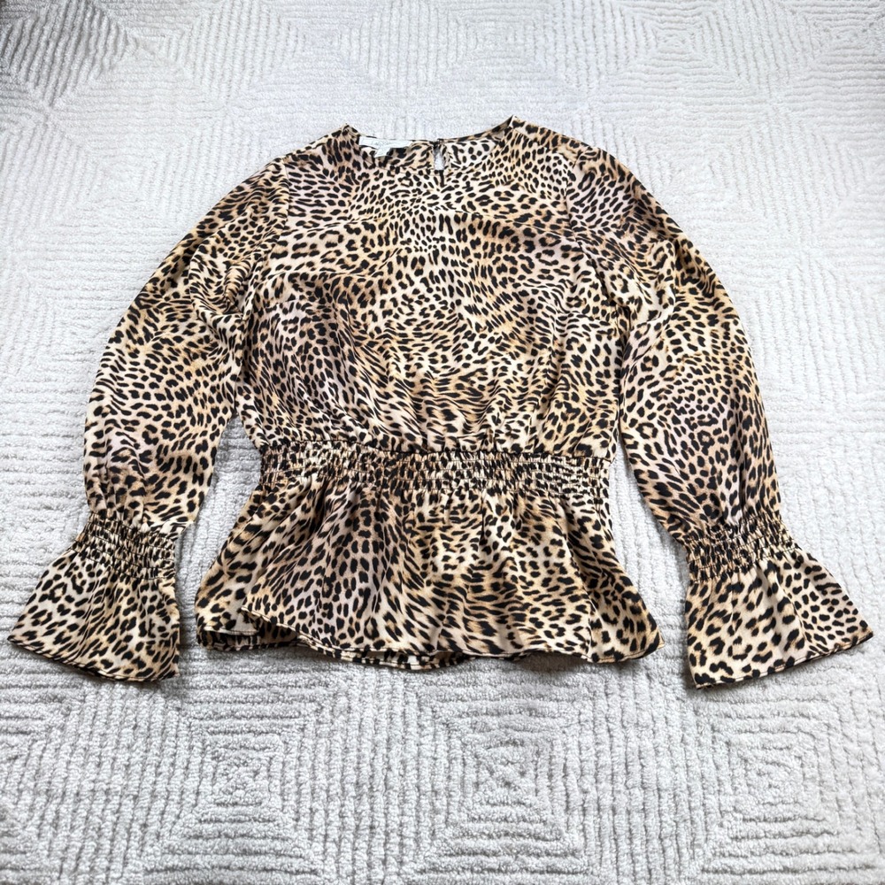 Libby Edelman Leopard Peplum Blouse Women's XS Smocked Ruffle Cuff Career Chic